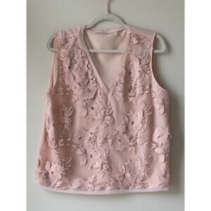 Tahari Blush Pink Elegant Detailed Tank Blouse Sz Large Top w Floral Details.